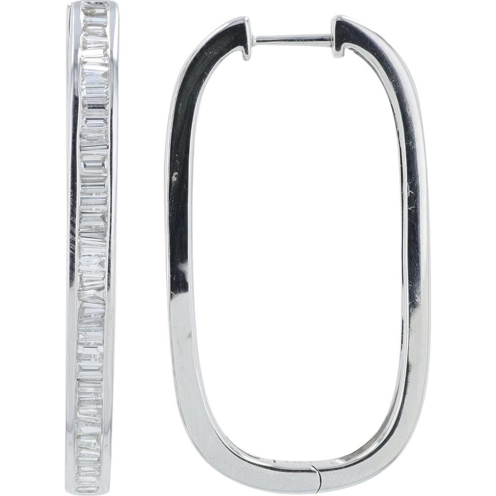 14K White Gold Medium Diamond Hoop Earrings with 1.30 Carat Total Baguette Diamonds