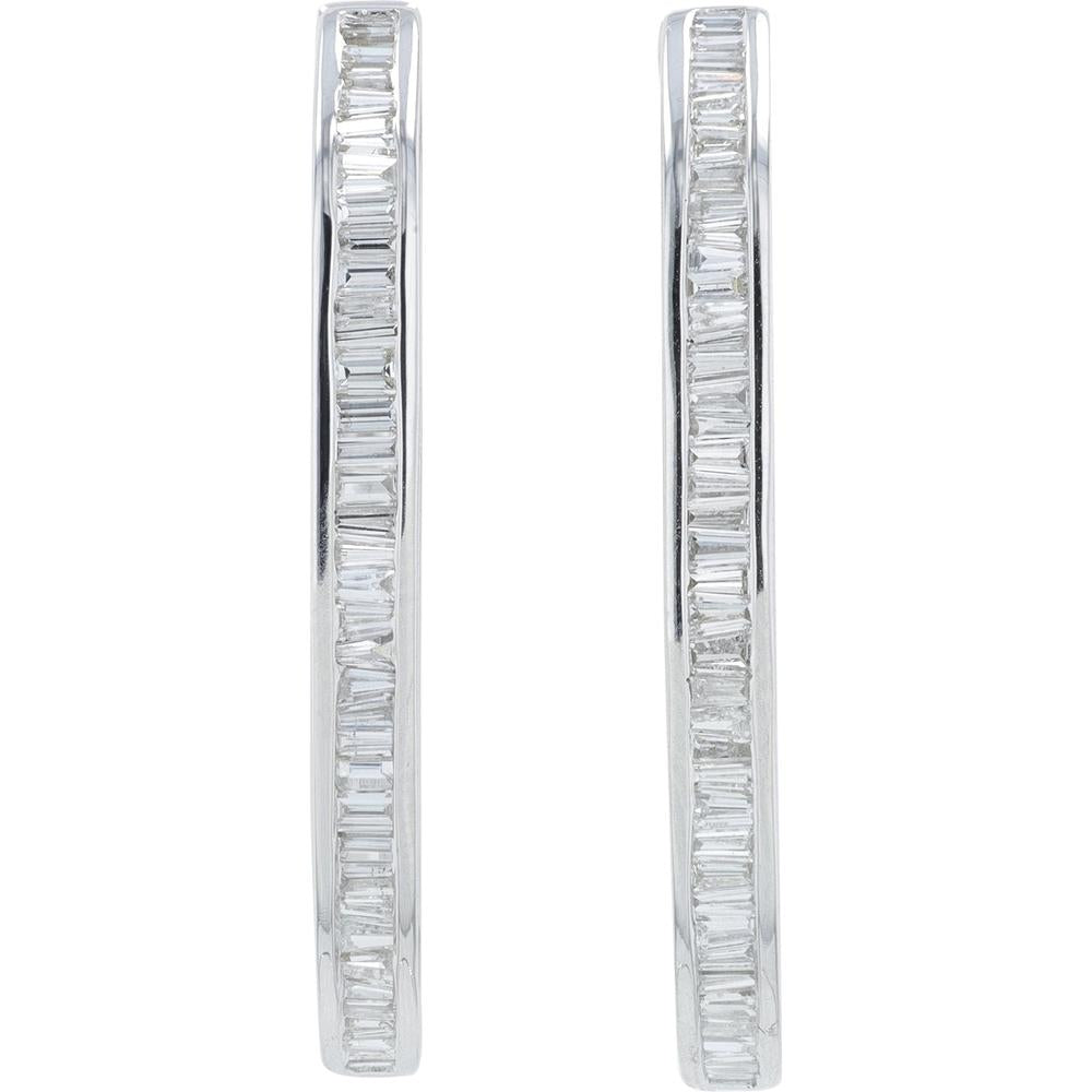 14K White Gold Medium Diamond Hoop Earrings with 1.30 Carat Total Baguette Diamonds