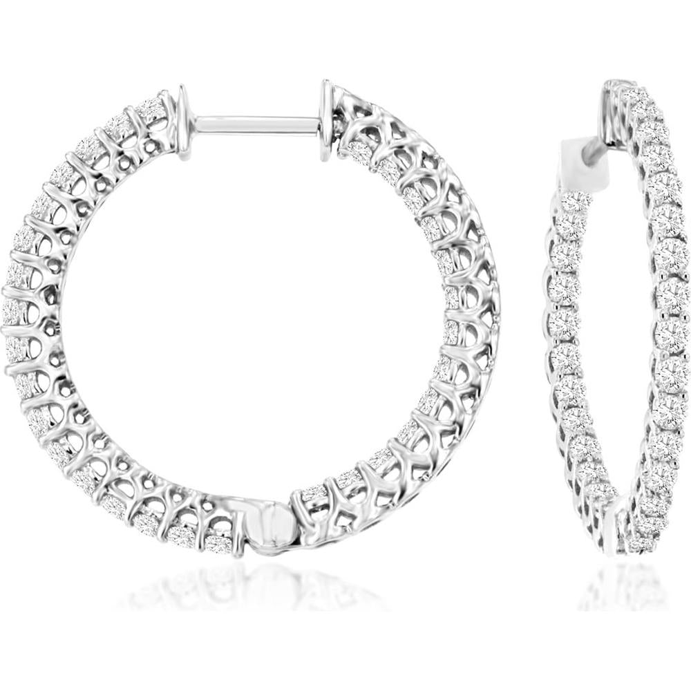 14K White Gold Medium Diamond Hoop Earrings with Intricate Lattice Detail and Round Brilliant Cut Diamonds - 1.00 Carat Total Weight - Royal Jewelry