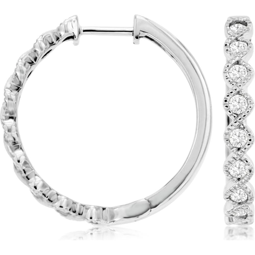 14K White Gold Medium Diamond Hoop Earrings with Milgrain Bezel-Set Round Diamonds - 0.46 Carat Total Diamond Weight - Royal Jewelry