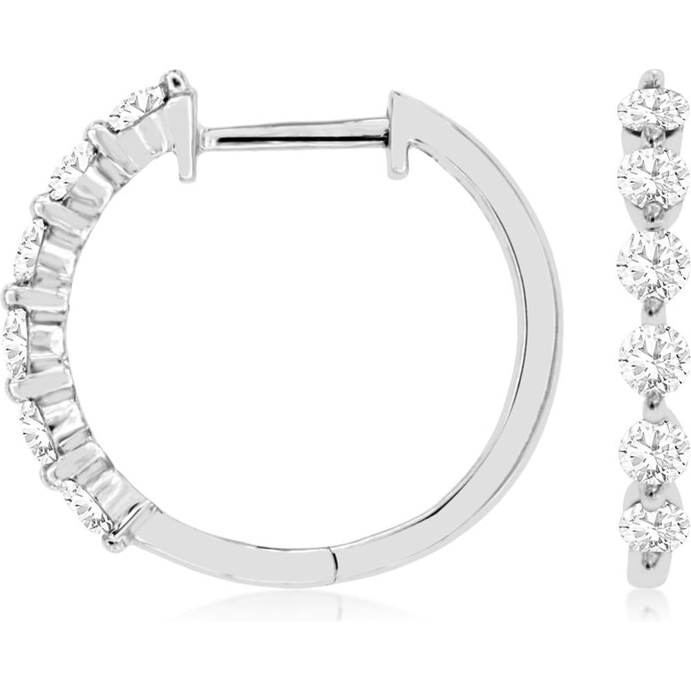 14K White Gold Medium Diamond Hoop Earrings with Shared-Prong Set Round Diamonds - 0.60 Carat Total Diamond Weight - Royal Jewelry