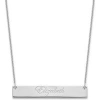 14K White Gold Medium Edwardian Script Bar Necklace with Polished Finish and Rhodium Plating by Oro Pregiato