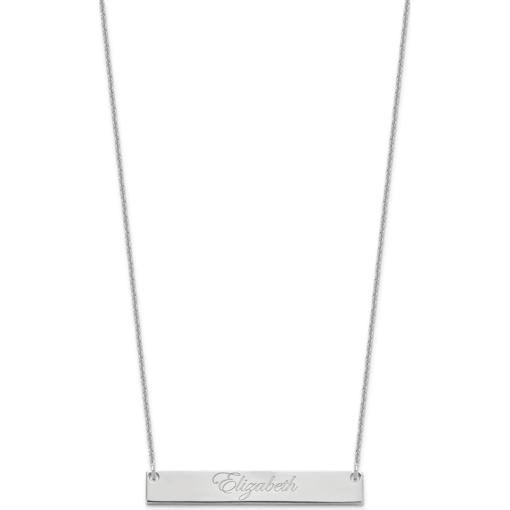 14K White Gold Medium Edwardian Script Bar Necklace with Polished Finish and Rhodium Plating by Oro Pregiato
