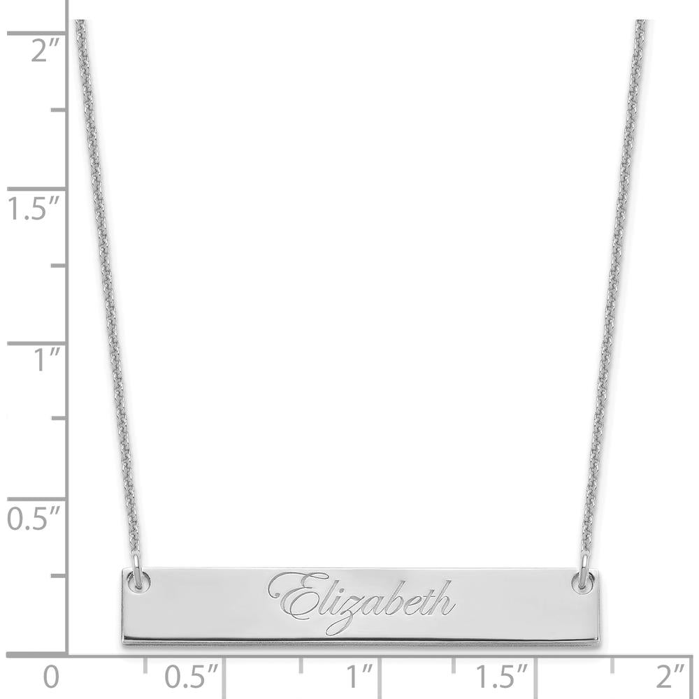 14K White Gold Medium Edwardian Script Bar Necklace with Polished Finish and Rhodium Plating by Oro Pregiato