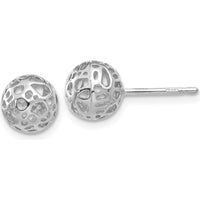 14K White Gold Medium Fancy Ball Post Earrings with Polished Finish and Rhodium Plating by Oro Pregiato