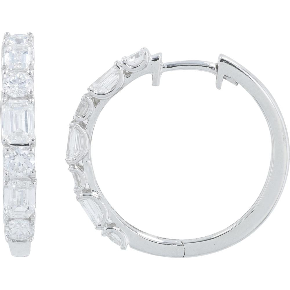 14K White Gold Medium Hoop Earrings with 2.00 Carat Total Lab Grown Diamonds - Round and Emerald Cut
