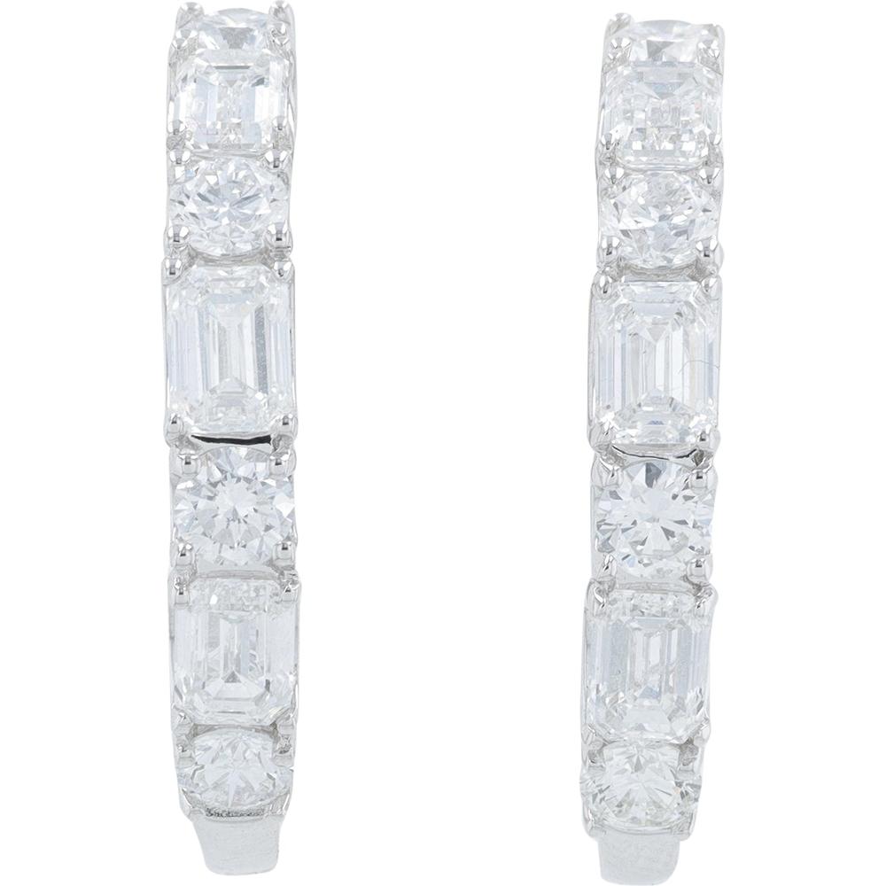 14K White Gold Medium Hoop Earrings with 2.00 Carat Total Lab Grown Diamonds - Round and Emerald Cut