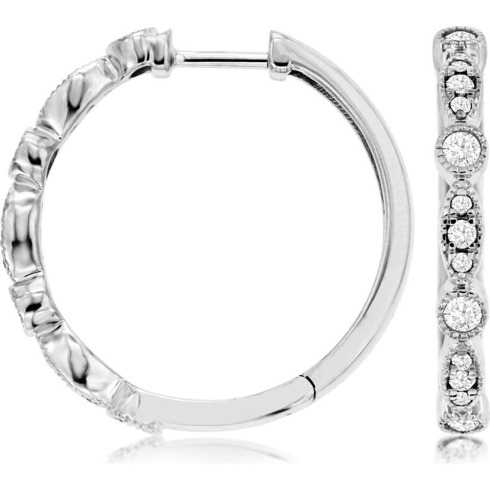 14K White Gold Medium Hoop Earrings with Alternating Milgrain-Set Round Diamonds - 0.39 Carat Total Diamond Weight - Royal Jewelry