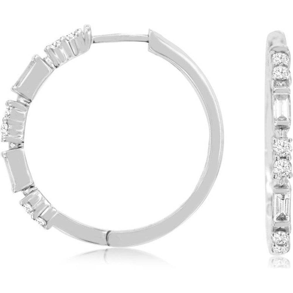 14K White Gold Medium Hoop Earrings with Alternating Round and Baguette Diamonds - 0.48 Carat Total Diamond Weight - Royal Jewelry