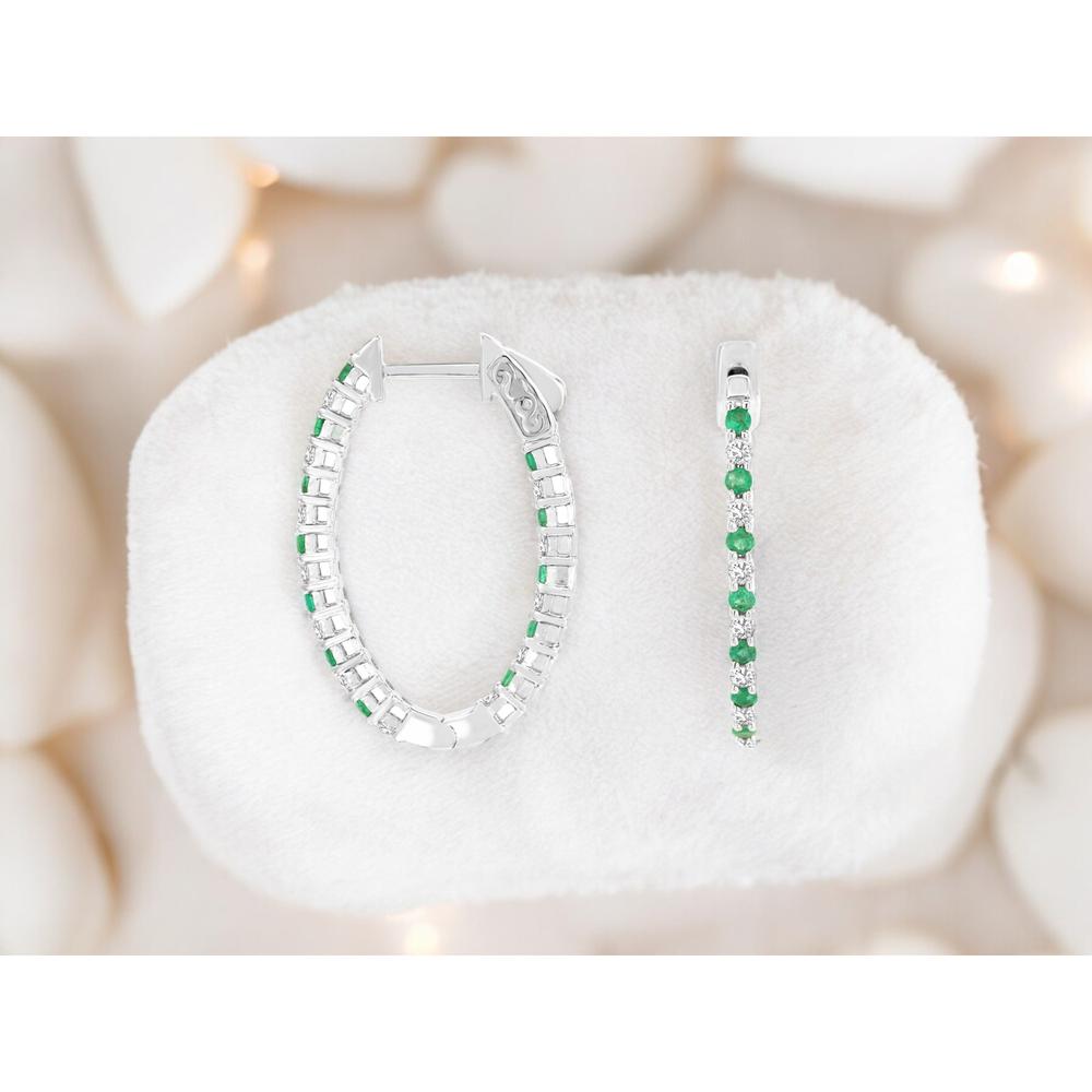 14K White Gold Medium Hoop Earrings with Alternating Round Emeralds and Diamonds - 0.58 Carat Emerald Total Weight, 0.53 Carat Diamond Total Weight - Royal Jewelry