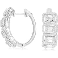 14K White Gold Medium Hoop Earrings with Baguette and Round Diamond Geometric Clusters - 1.53 Carat Total Diamond Weight - Royal Jewelry