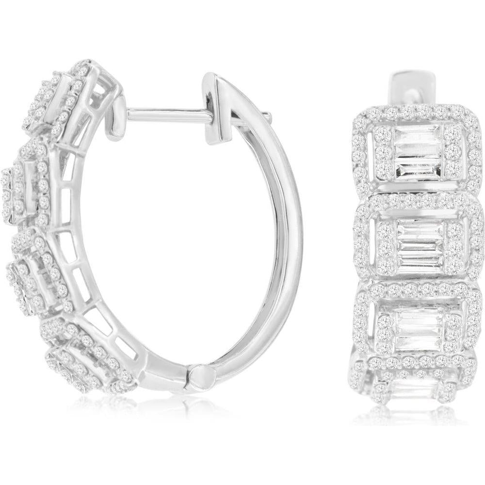 14K White Gold Medium Hoop Earrings with Baguette and Round Diamond Geometric Clusters - 1.53 Carat Total Diamond Weight - Royal Jewelry