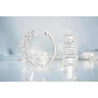14K White Gold Medium Hoop Earrings with Baguette and Round Diamond Geometric Clusters - 1.53 Carat Total Diamond Weight - Royal Jewelry