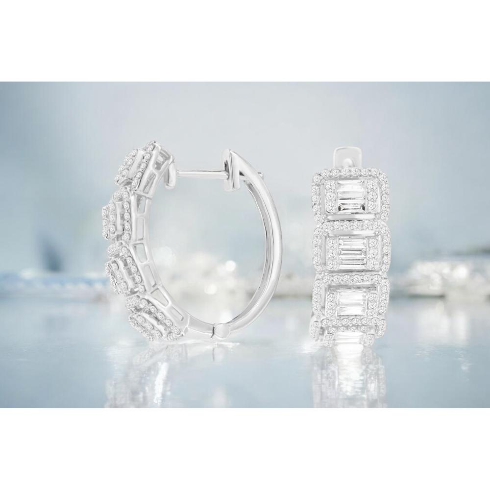 14K White Gold Medium Hoop Earrings with Baguette and Round Diamond Geometric Clusters - 1.53 Carat Total Diamond Weight - Royal Jewelry