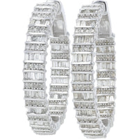 14K White Gold Medium Hoop Earrings with Baguette and Round Diamonds - 3.00 Carat Total Diamond Weight