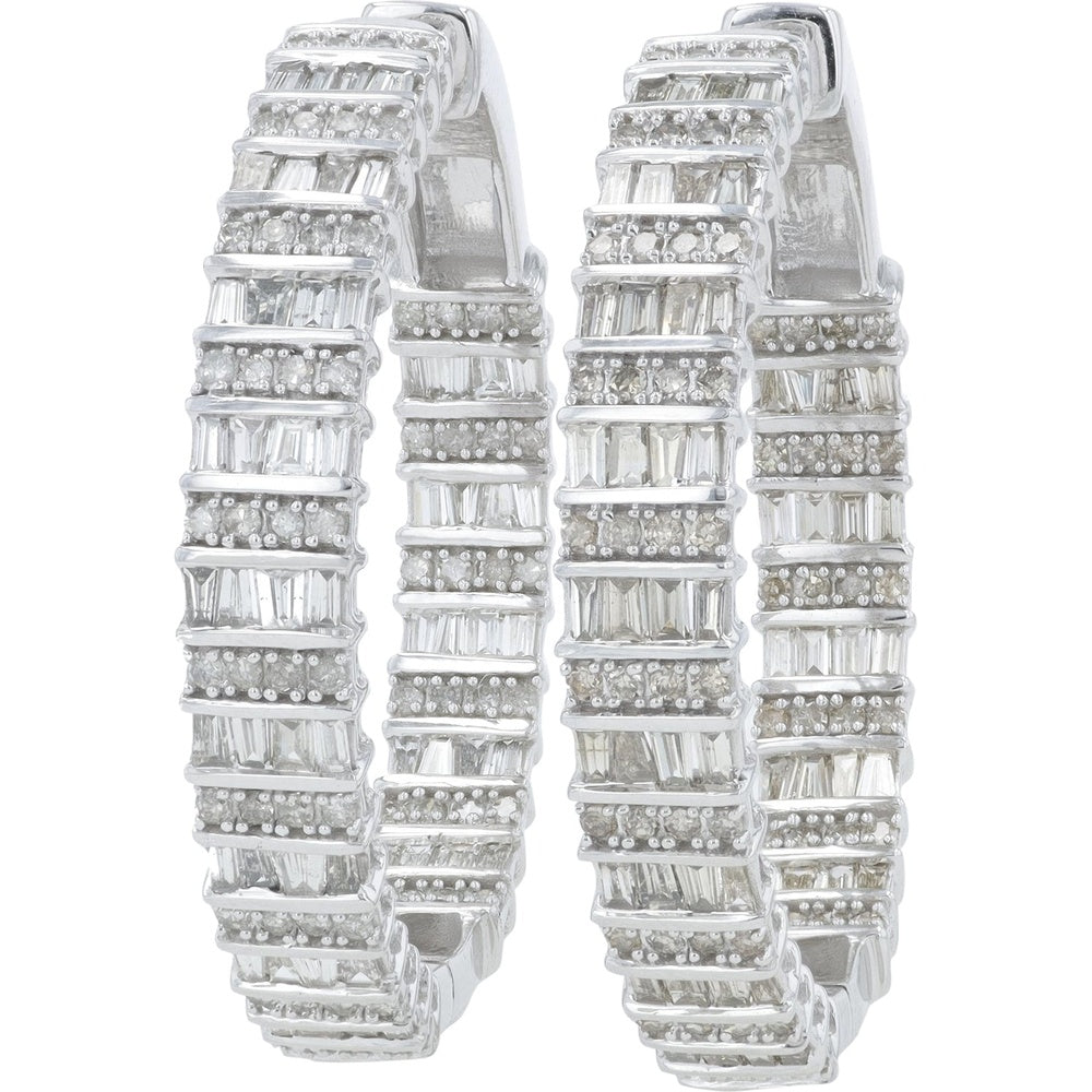 14K White Gold Medium Hoop Earrings with Baguette and Round Diamonds - 3.00 Carat Total Diamond Weight