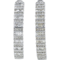 14K White Gold Medium Hoop Earrings with Baguette and Round Diamonds - 3.00 Carat Total Diamond Weight