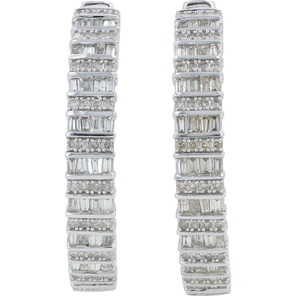 14K White Gold Medium Hoop Earrings with Baguette and Round Diamonds - 3.00 Carat Total Diamond Weight