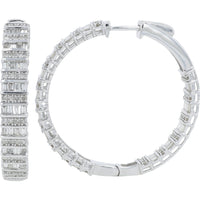 14K White Gold Medium Hoop Earrings with Baguette and Round Diamonds - 3.00 Carat Total Diamond Weight