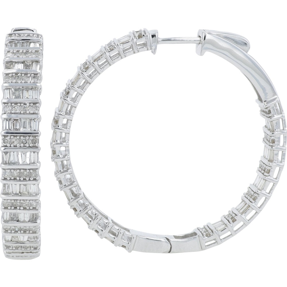 14K White Gold Medium Hoop Earrings with Baguette and Round Diamonds - 3.00 Carat Total Diamond Weight