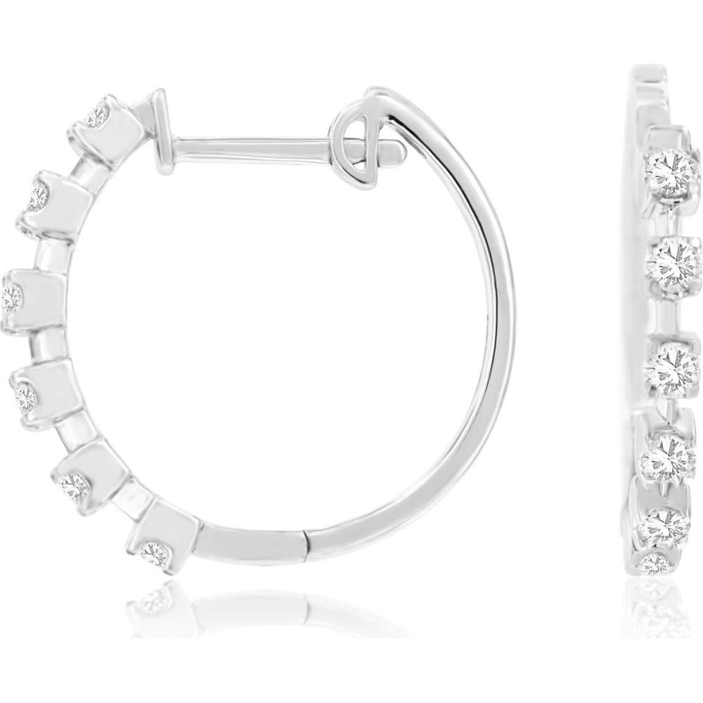 14K White Gold Medium Hoop Earrings with Bar-Set Round Brilliant Diamonds - 0.45 Carat Total Diamond Weight - Royal Jewelry