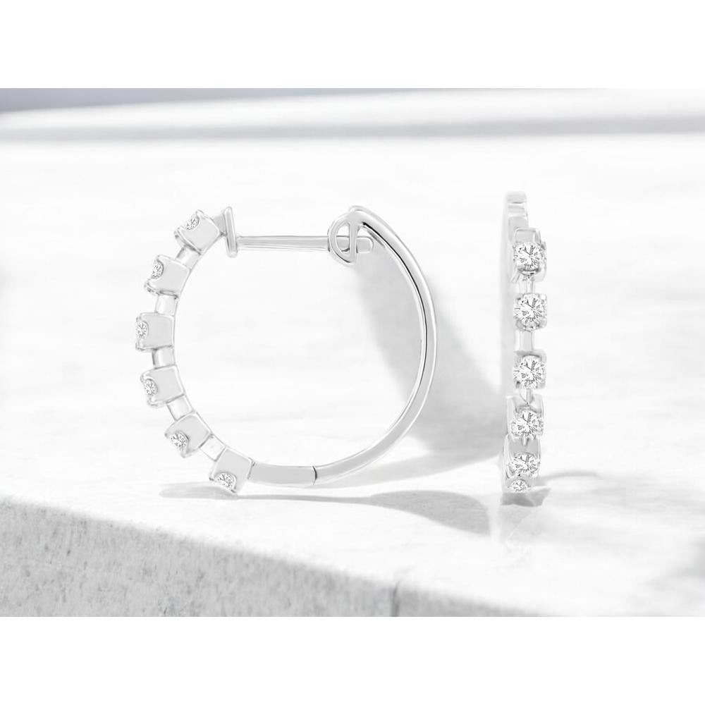 14K White Gold Medium Hoop Earrings with Bar-Set Round Brilliant Diamonds - 0.45 Carat Total Diamond Weight - Royal Jewelry