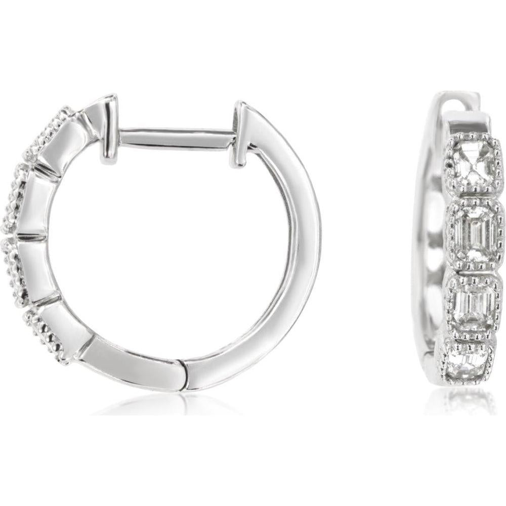 14K White Gold Medium Hoop Earrings with Bezel Set & Milgrain Detail Diamonds - 0.55 Carat Total Diamond Weight - Royal Jewelry