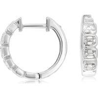 14K White Gold Medium Hoop Earrings with Bezel-Set Emerald and Baguette Cut Diamonds - 0.43 Carat Total Diamond Weight - Royal Jewelry