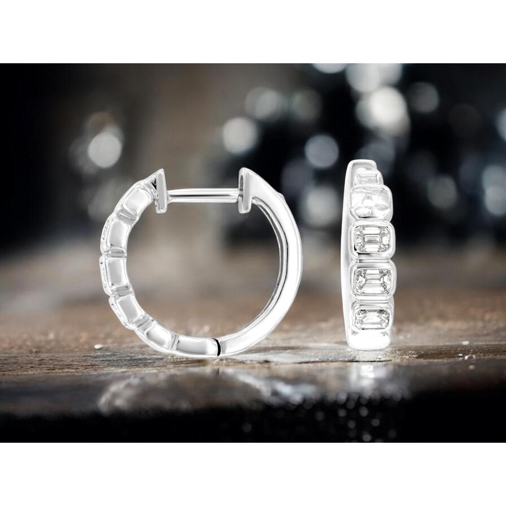 14K White Gold Medium Hoop Earrings with Bezel-Set Emerald and Baguette Cut Diamonds - 0.43 Carat Total Diamond Weight - Royal Jewelry