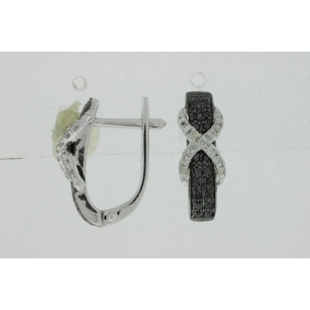 14K White Gold Medium Hoop Earrings with Black and White Diamond X Motif - 0.20 Carat White Diamond & 0.21 Carat Black Diamond Total Weight - Royal Jewelry