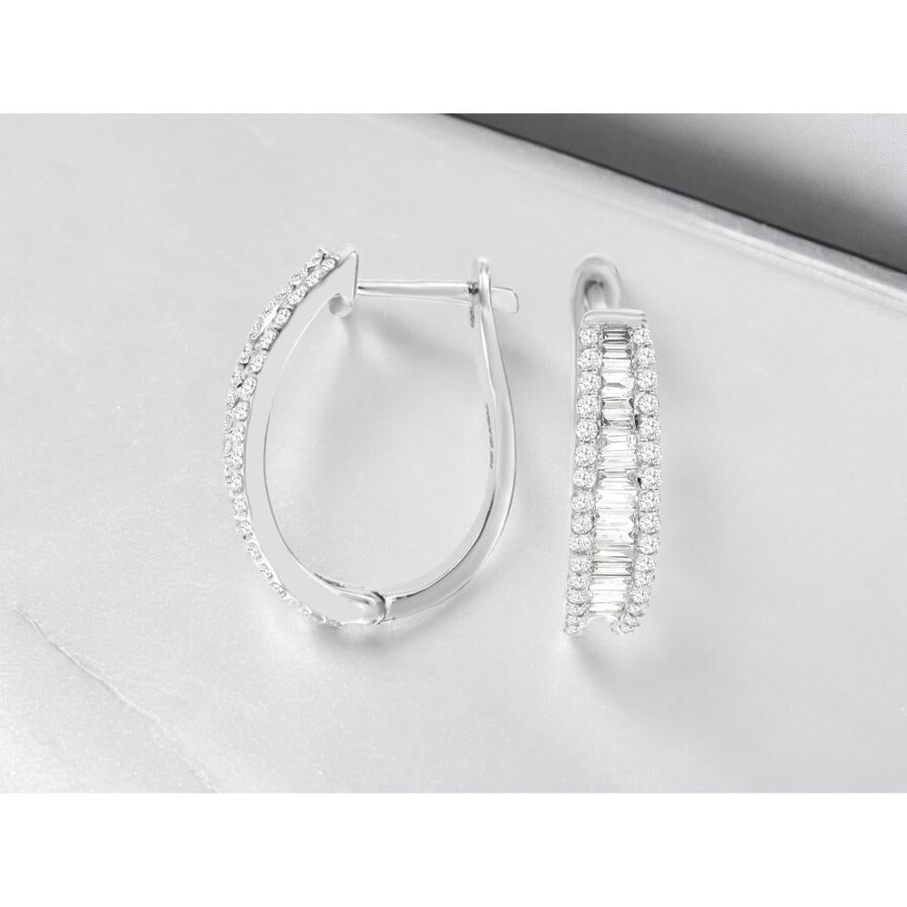 14K White Gold Medium Hoop Earrings with Channel-Set Baguette and Round Brilliant Diamonds - 1.38 Carat Total Diamond Weight - Royal Jewelry