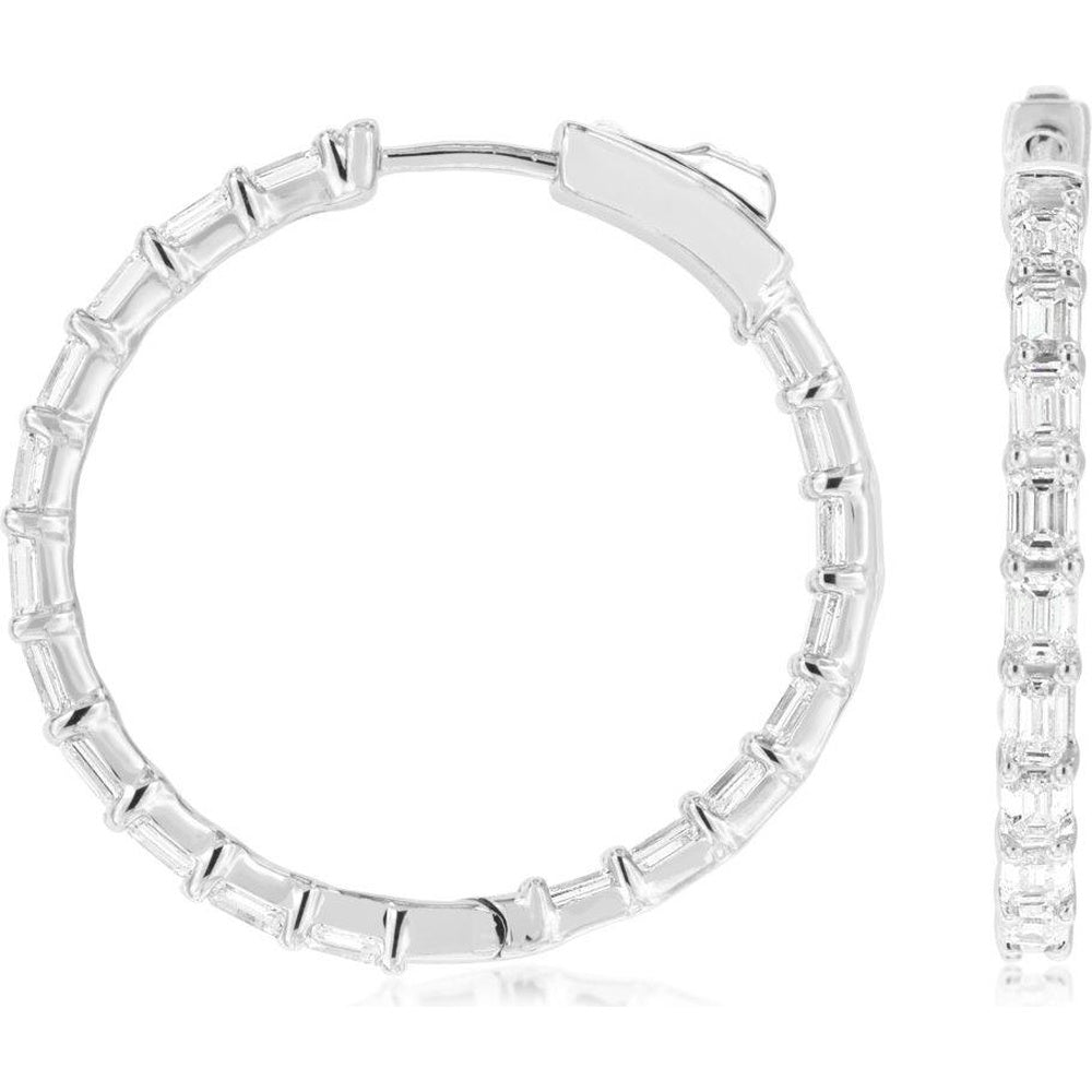 14K White Gold Medium Hoop Earrings with Channel-Set Baguette Diamonds - 4.00 Carat Total Diamond Weight - Royal Jewelry