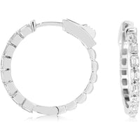 14K White Gold Medium Hoop Earrings with Channel Set Emerald Cut Diamonds - 1.23 Carat Total Diamond Weight - Royal Jewelry
