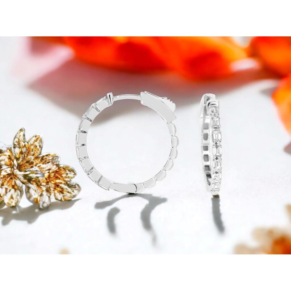 14K White Gold Medium Hoop Earrings with Channel Set Emerald Cut Diamonds - 1.23 Carat Total Diamond Weight - Royal Jewelry