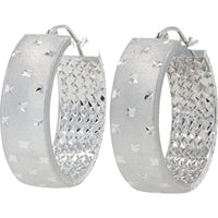 14K White Gold Medium Hoop Earrings with Diamond - Cut Texture - 4.15g Total Weight