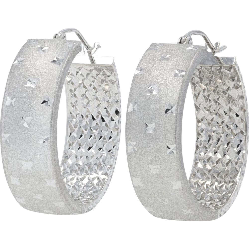 14K White Gold Medium Hoop Earrings with Diamond - Cut Texture - 4.15g Total Weight