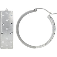 14K White Gold Medium Hoop Earrings with Diamond - Cut Texture - 4.15g Total Weight