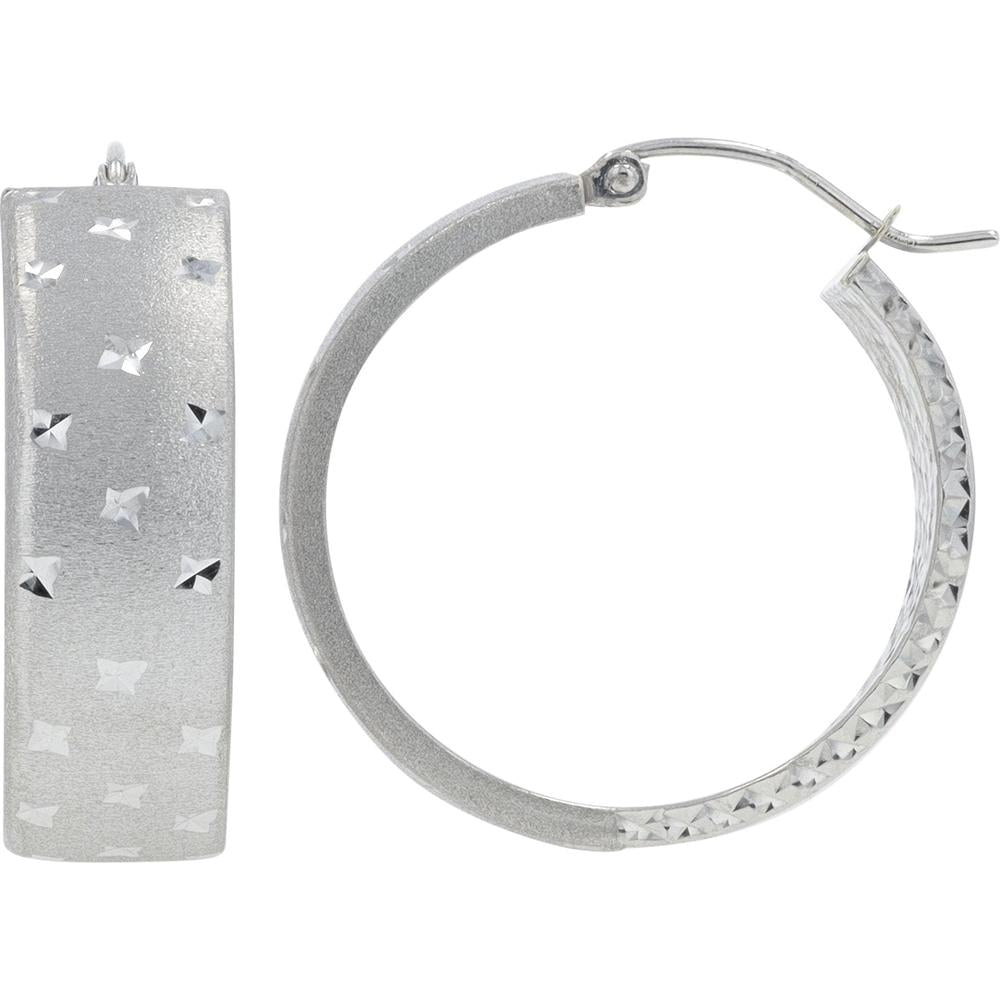 14K White Gold Medium Hoop Earrings with Diamond - Cut Texture - 4.15g Total Weight