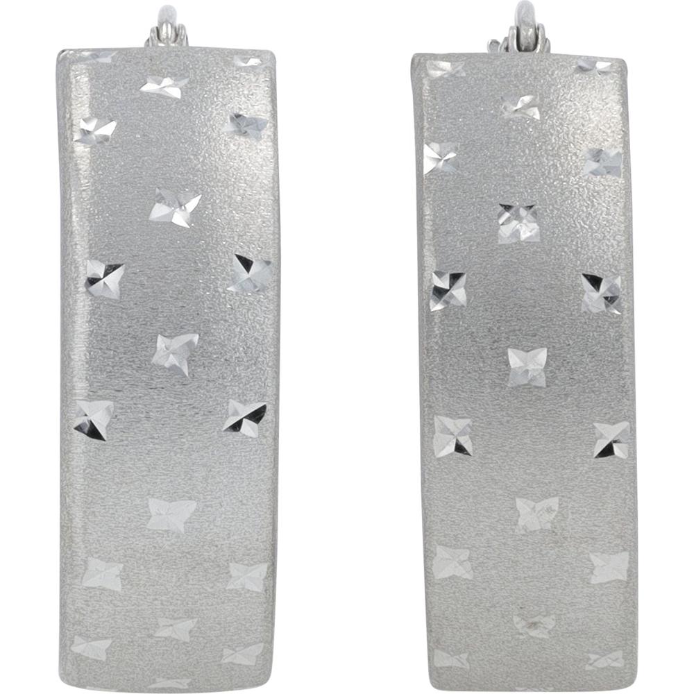 14K White Gold Medium Hoop Earrings with Diamond - Cut Texture - 4.15g Total Weight