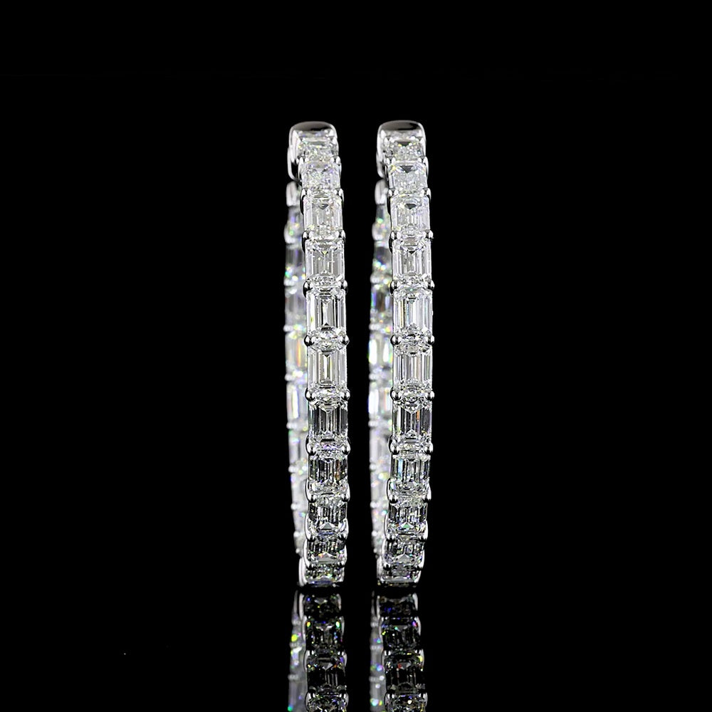 14K White Gold Medium Hoop Earrings with East-West Emerald Cut Lab Diamonds - 11.08 Carat Total Weight - Covaloro Fine Jewelry