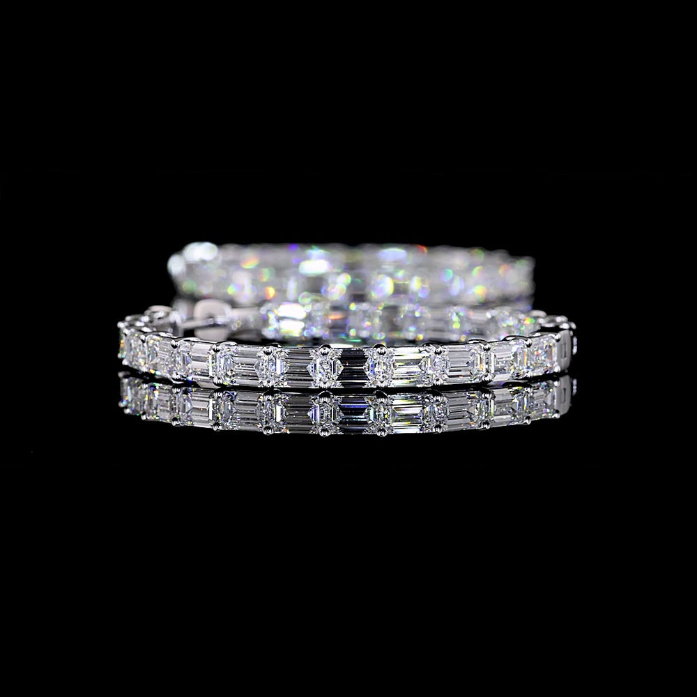 14K White Gold Medium Hoop Earrings with East-West Emerald Cut Lab Diamonds - 11.08 Carat Total Weight - Covaloro Fine Jewelry