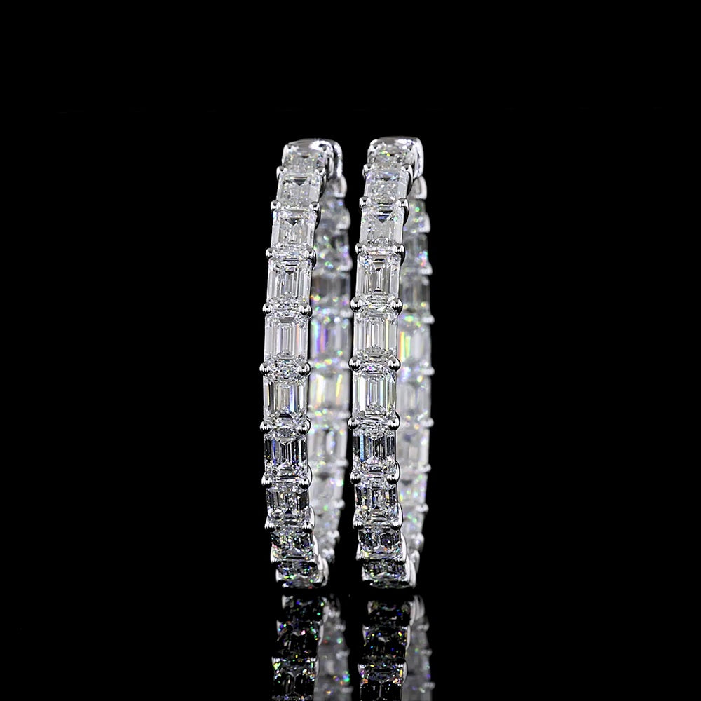 14K White Gold Medium Hoop Earrings with East-West Prong Set Emerald Cut Lab Diamonds - 13.58 Carats Total Diamond Weight - Covaloro Fine Jewelry