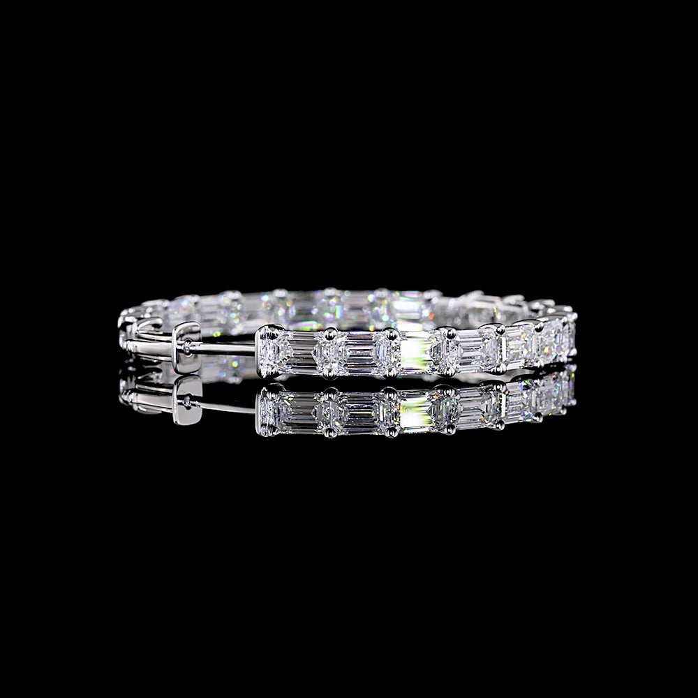 14K White Gold Medium Hoop Earrings with East-West Prong Set Emerald Cut Lab Diamonds - 13.58 Carats Total Diamond Weight - Covaloro Fine Jewelry