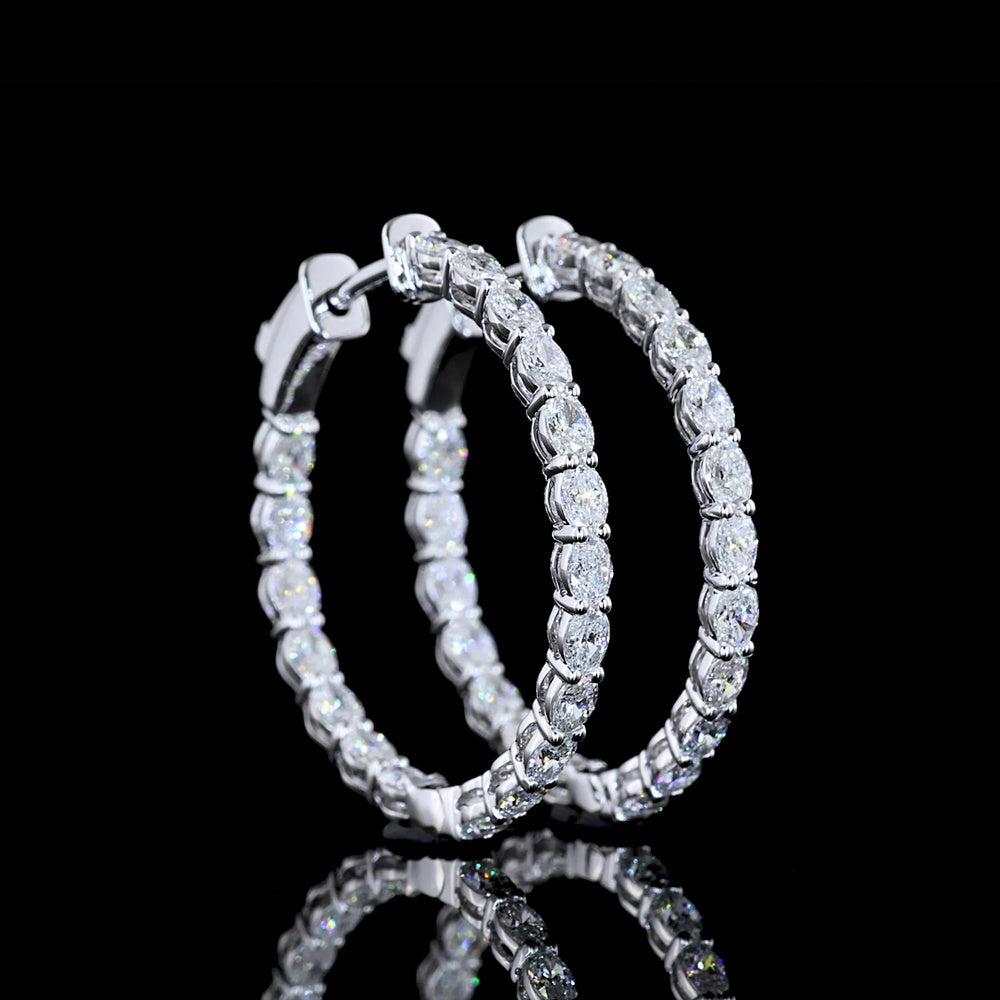 14K White Gold Medium Hoop Earrings with East-West Prong Set Oval Cut Lab Diamonds - 1.86 Carats Total Diamond Weight - Covaloro Fine Jewelry