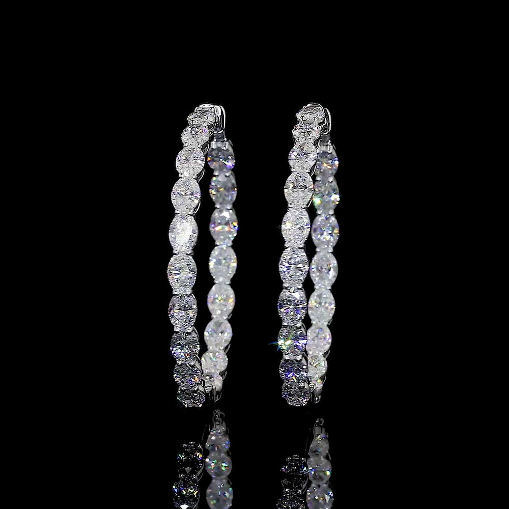 14K White Gold Medium Hoop Earrings with East-West Prong Set Oval Cut Lab Diamonds - 7.62 Carats Total Diamond Weight - Covaloro Fine Jewelry