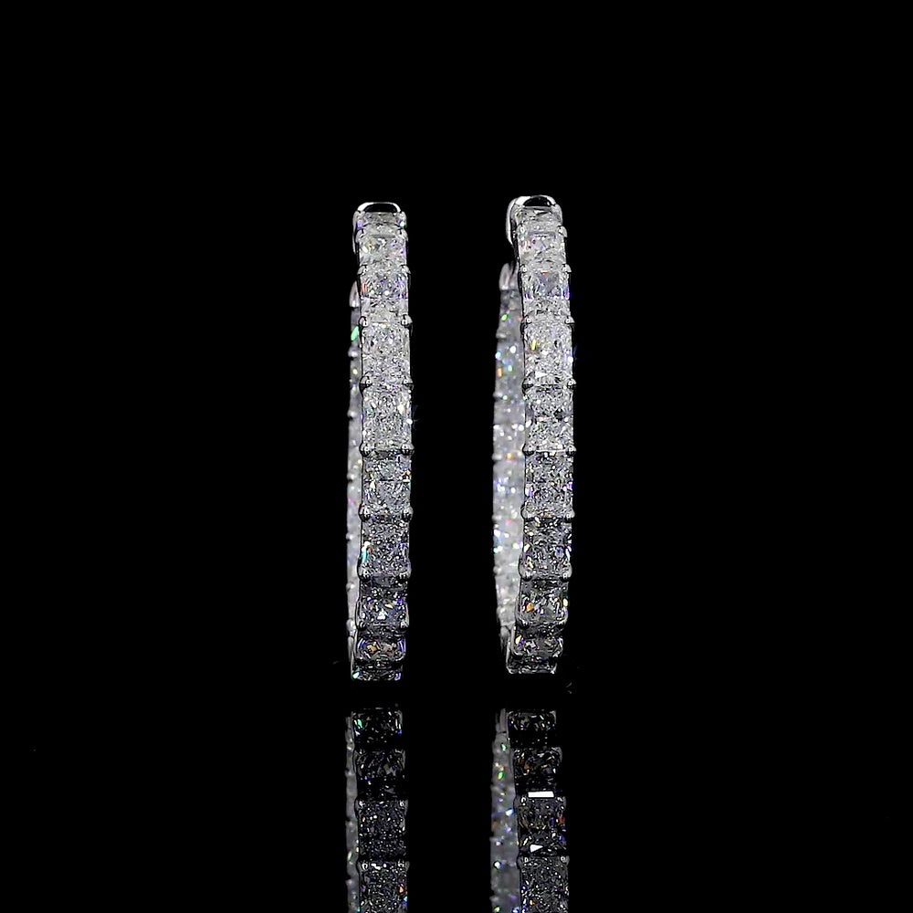 14K White Gold Medium Hoop Earrings with East-West Prong Set Radiant Cut Lab Diamonds - 7.26 Carats Total Diamond Weight - Covaloro Fine Jewelry