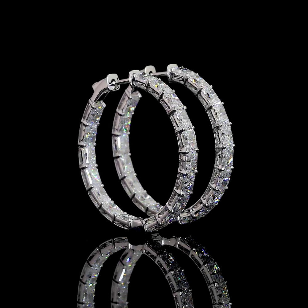 14K White Gold Medium Hoop Earrings with East-West Prong Set Radiant Cut Lab Diamonds - 7.26 Carats Total Diamond Weight - Covaloro Fine Jewelry