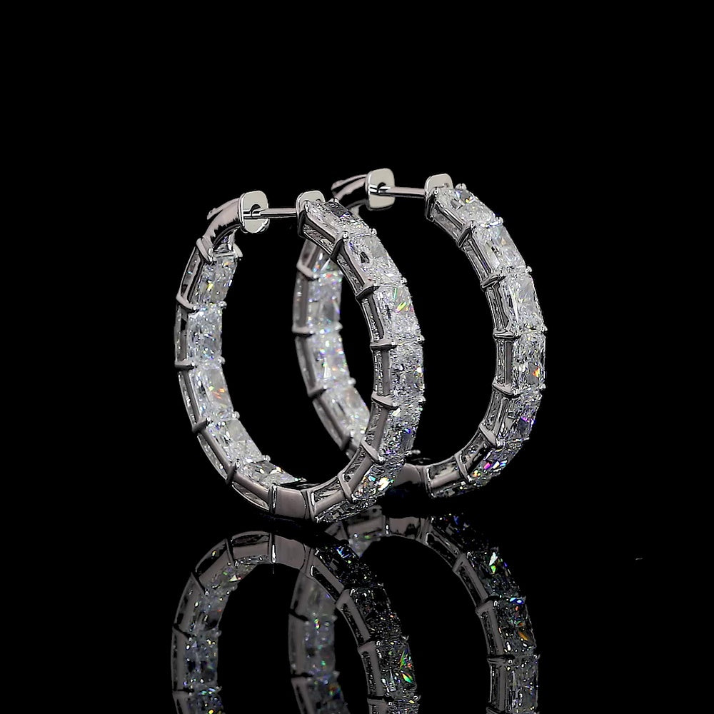 14K White Gold Medium Hoop Earrings with East-West Prong Set Radiant Cut Lab Diamonds - 7.75 Carats Total Diamond Weight - Covaloro Fine Jewelry