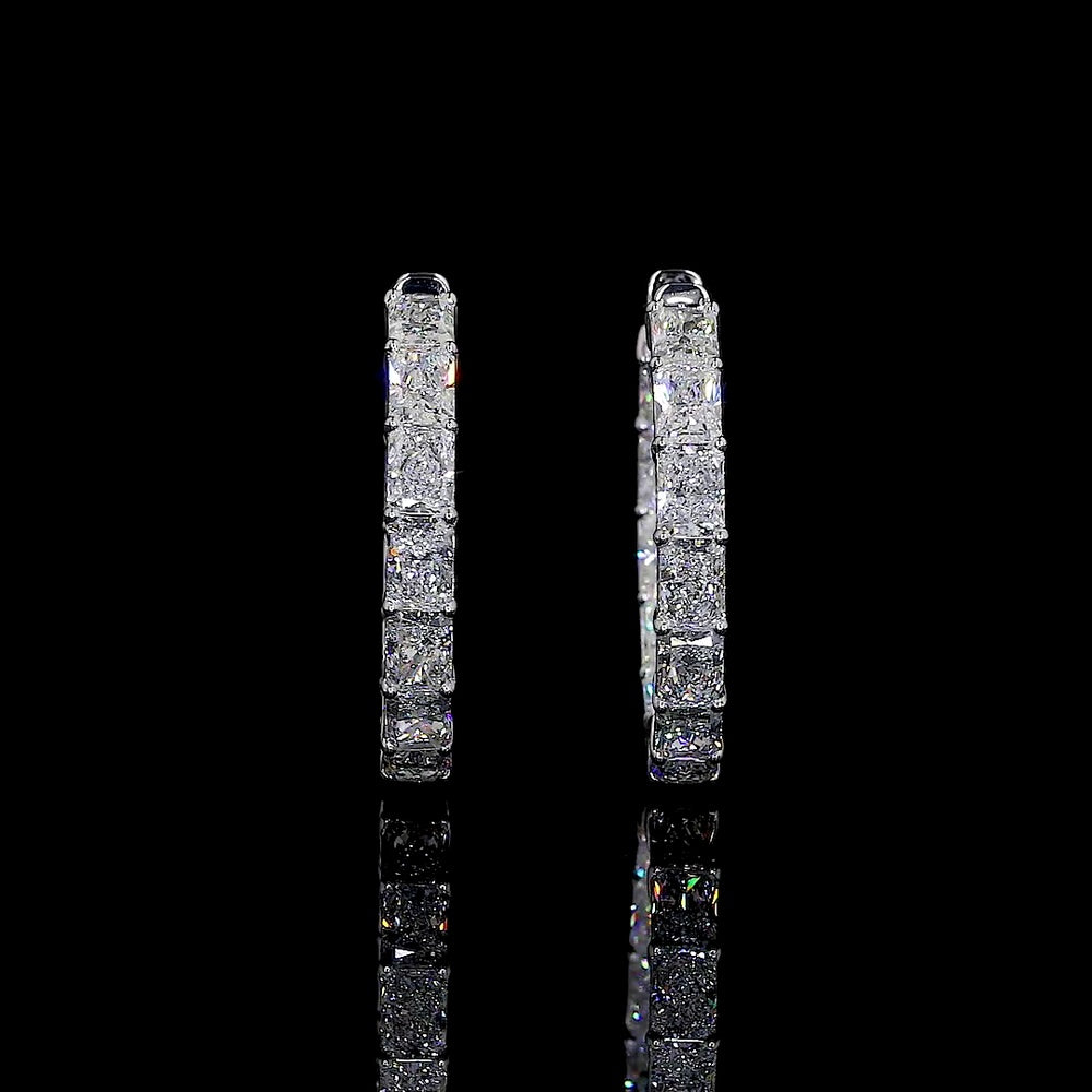 14K White Gold Medium Hoop Earrings with East-West Prong Set Radiant Cut Lab Diamonds - 7.75 Carats Total Diamond Weight - Covaloro Fine Jewelry