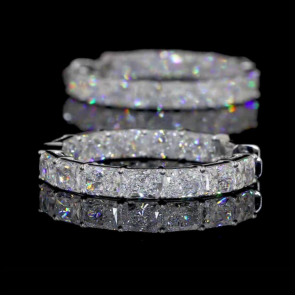 14K White Gold Medium Hoop Earrings with East-West Prong Set Radiant Cut Lab Diamonds - 7.75 Carats Total Diamond Weight - Covaloro Fine Jewelry